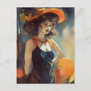 Woman With Black Dress With Orange Straps Postcard