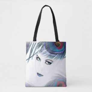 Woman With Blue Peacock Feather Stylish Tote Bag