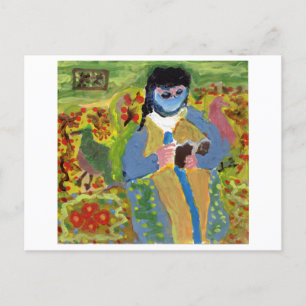 Woman with blue veil, reading, postcard