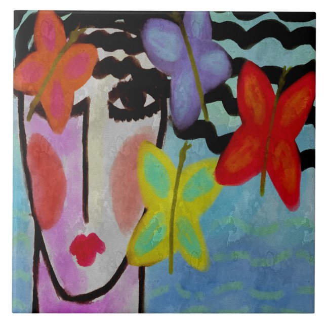 Woman with Butterflies Abstract Digital Painting Tile (Front)