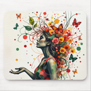 Woman with butterflys and flowers mouse mat