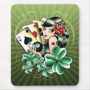 Woman with cards and clovers - mousepad