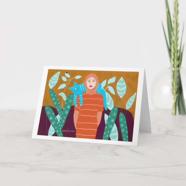 Woman with cat in garden.2 card (Front)
