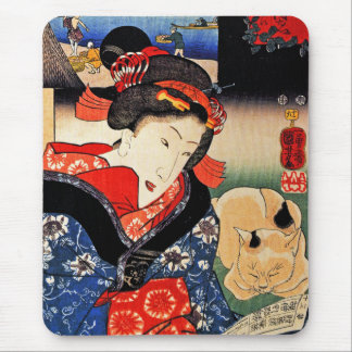 Woman with Cat - Japanese Art - Utagawa Kuniyoshi Mouse Mat