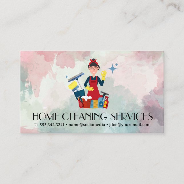 Woman with Cleaning Supplies Business Card (Front)