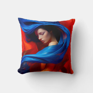 Woman with Cobalt Blue Veil on Orange background Cushion