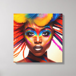 Woman with colourful makeup and feathers on her he canvas print