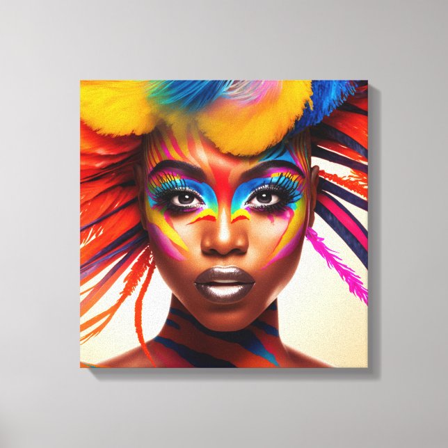 Woman with colourful makeup and feathers on her he canvas print (Front)
