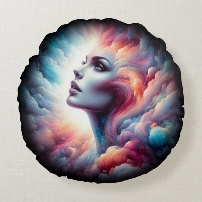 Woman with Cosmic Aura Hair Round Cushion (Front)