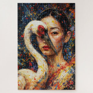 Woman with Crane Bird Colourful Splatter Jigsaw Puzzle