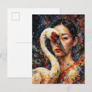 Woman with Crane Bird Colourful Splatter Postcard