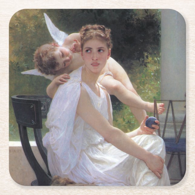 Woman with Cupid, Bouguereau Square Paper Coaster (Front)