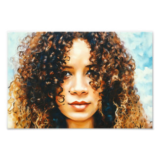 Woman with Curly Hair Under Blue Sky Background Photo Print