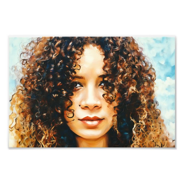 Woman with Curly Hair Under Blue Sky Background Photo Print (Front)