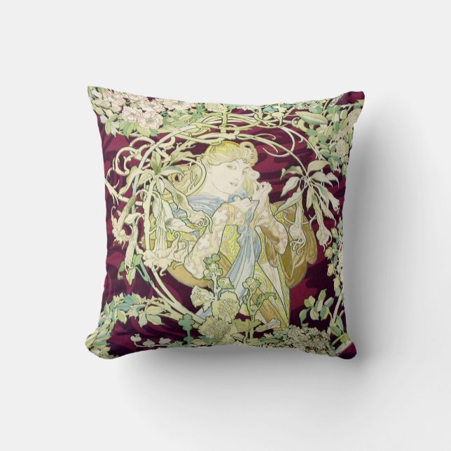 Woman with Daisy - Alphonse Mucha Cushion (Front)