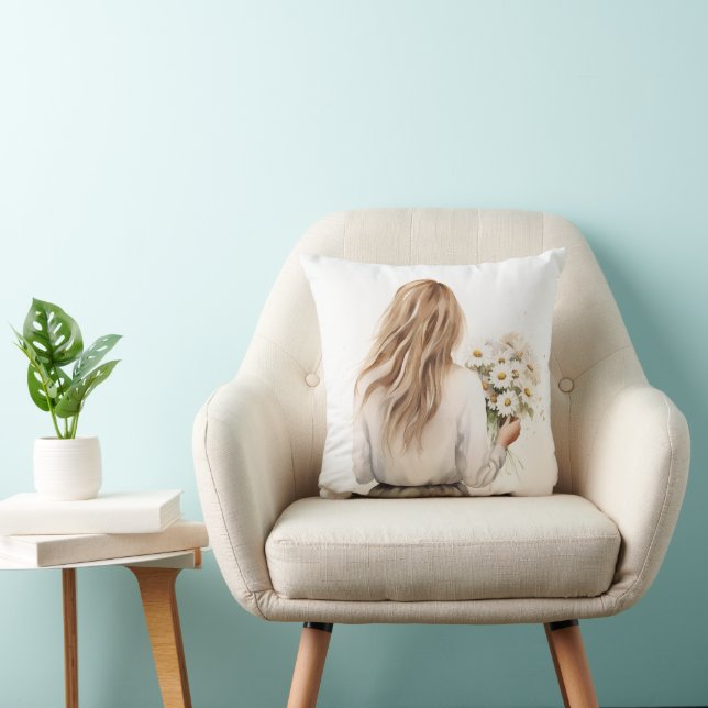 Woman With Daisy Bouquet Cushion (Chair)