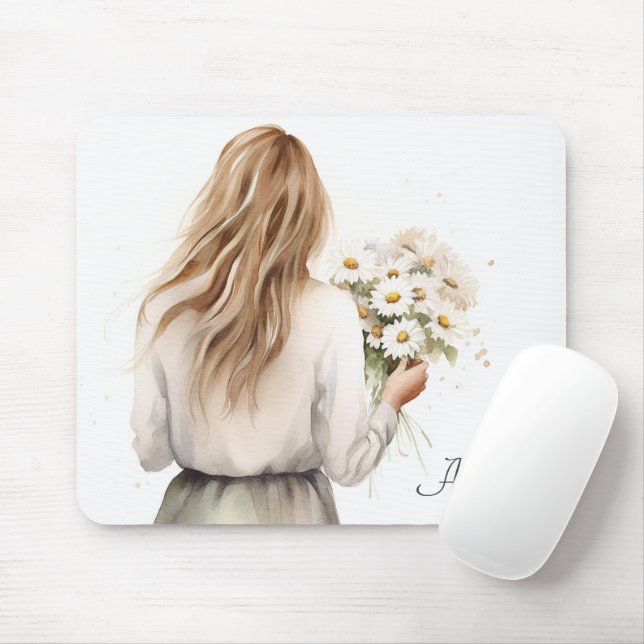 Woman With Daisy Bouquet Mouse Mat (With Mouse)