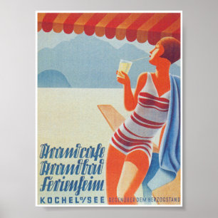 Woman with Drink on the Beach Vintage Travel Poster