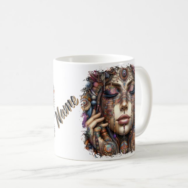 Woman with Elaborate Tribal-Inspired Ornamentation Coffee Mug (Front Right)