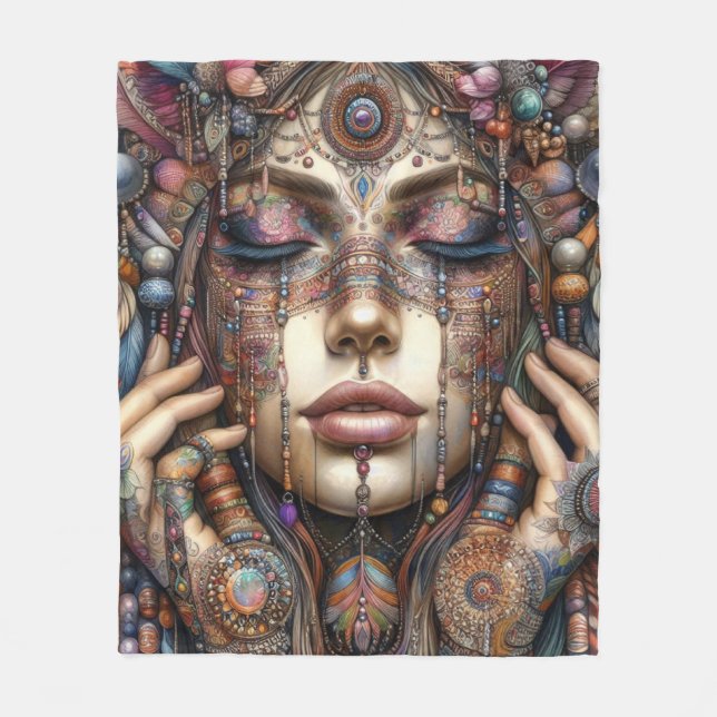 Woman with Elaborate Tribal-Inspired Ornamentation Fleece Blanket (Front)