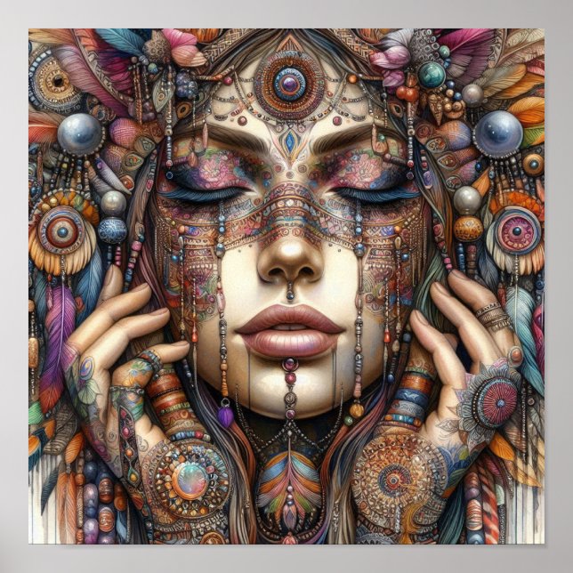 Woman with Elaborate Tribal-Inspired Ornamentation Poster (Front)