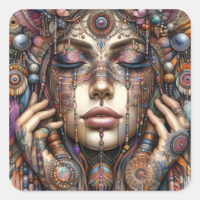 Woman with Elaborate Tribal-Inspired Ornamentation Square Sticker (Front)