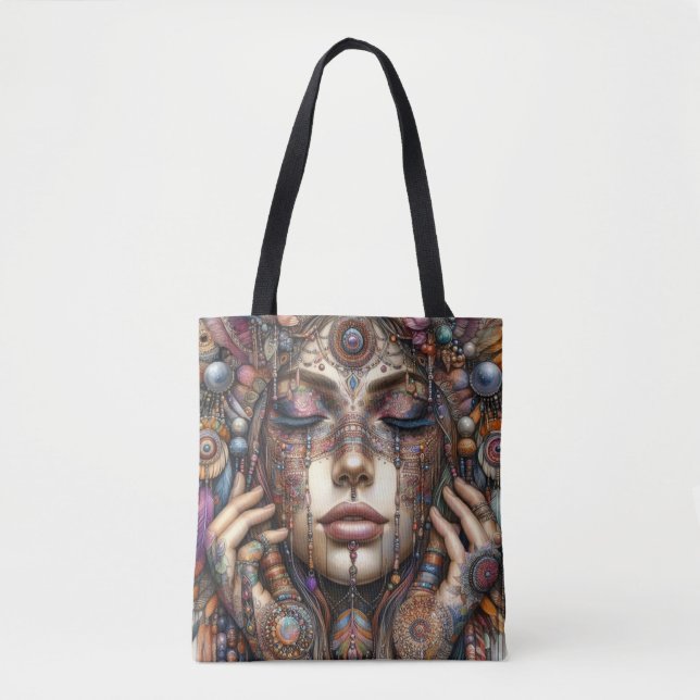 Woman with Elaborate Tribal-Inspired Ornamentation Tote Bag (Front)