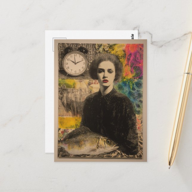 Woman With Fish Mixed Media Collage Postcard (Front/Back In Situ)