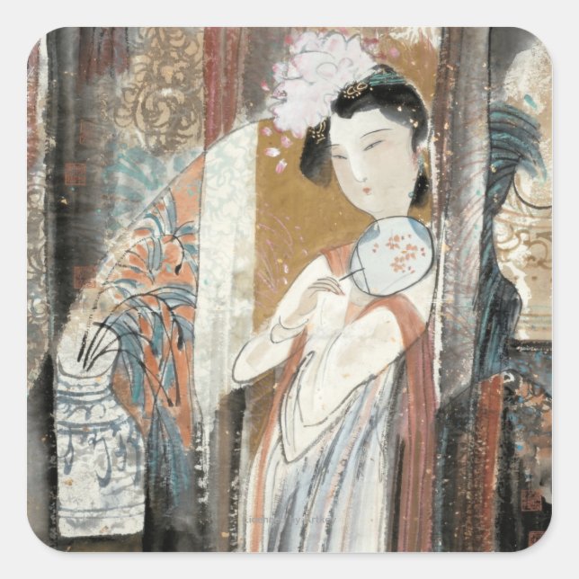 Woman with Floral Hairpin Square Sticker (Front)