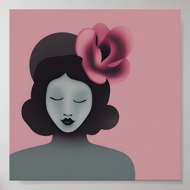Woman with floral hat pink and grey minimalist art poster (Front)
