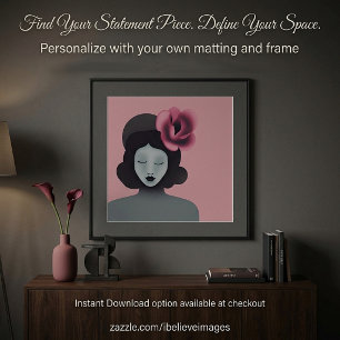 Woman with floral hat pink and grey minimalist art poster