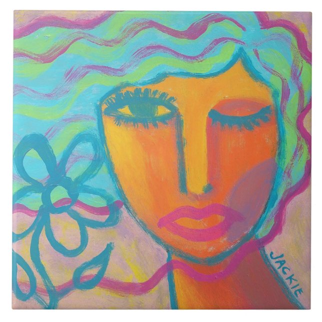 Woman with Flower 1 Original Abstract Art Tile (Front)
