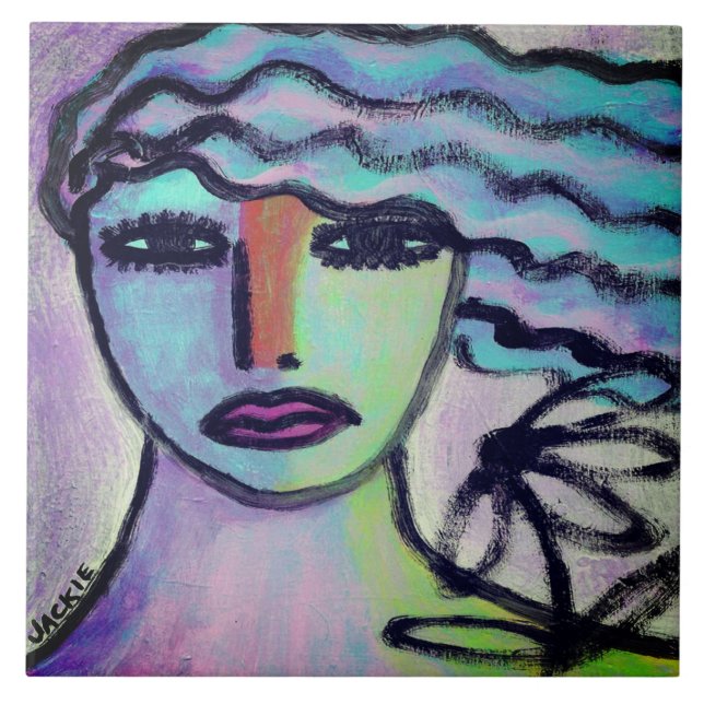 Woman with Flower Abstract Portrait Tile (Front)