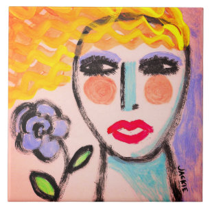 Woman with Flower Original Abstract Art Tile