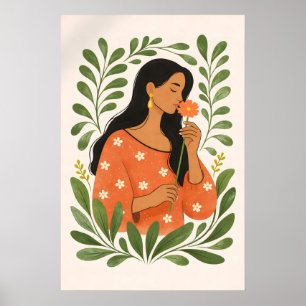 Woman with Flower Poster, Botanical Feminine Wall Poster
