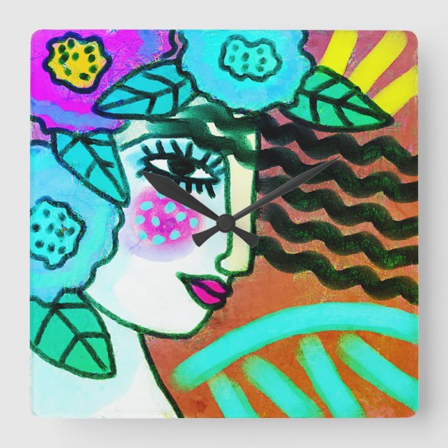 Woman with Flowers Abstract Art Square Wall Clock (Front)