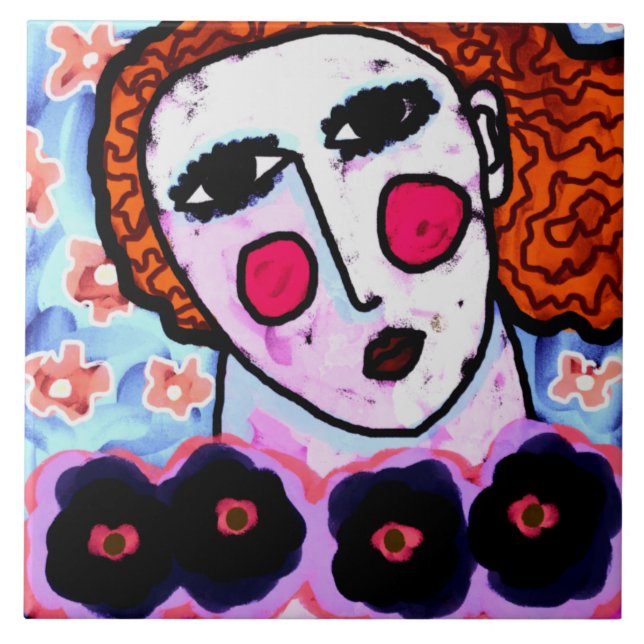 Woman with Flowers Abstract Digital Painting Tile (Front)