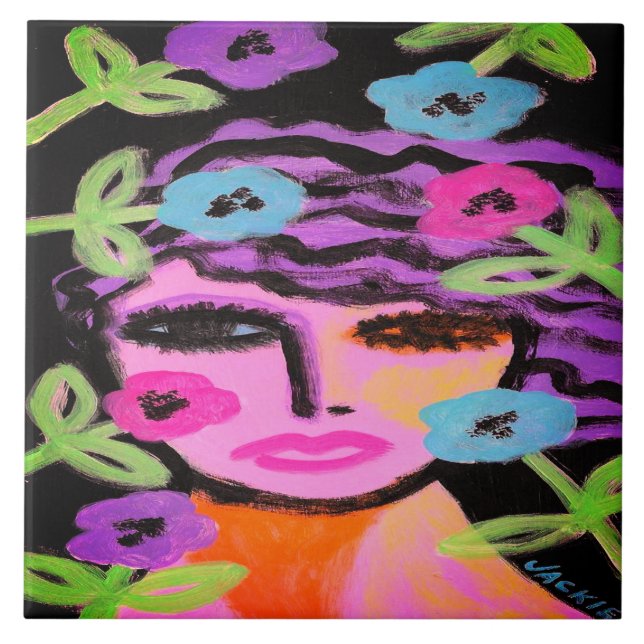 Woman with Flowers Abstract Portrait Tile (Front)