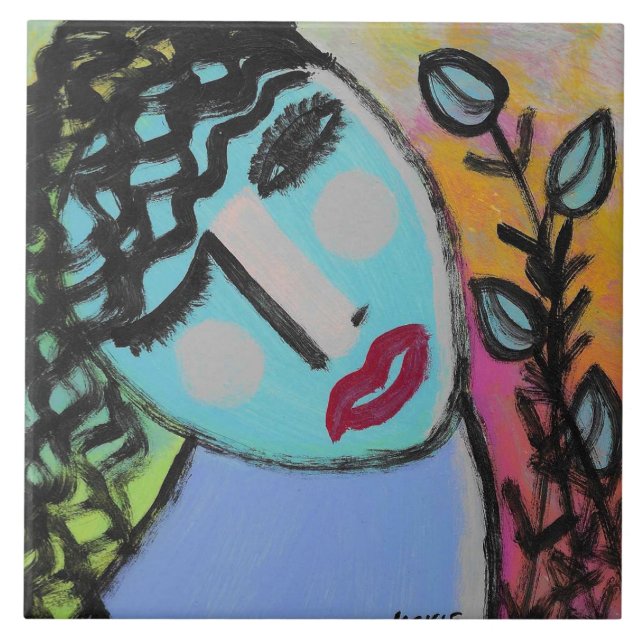 Woman with Flowers Abstract Portrait Tile (Front)