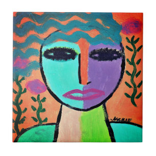 Woman with Flowers Abstract Portrait Tile