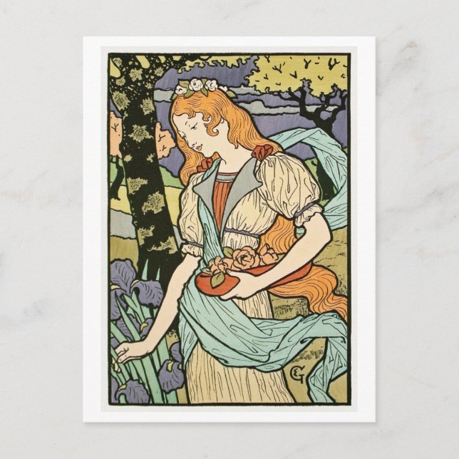 Woman with Flowers Art Deco Vintage Postcard (Front)
