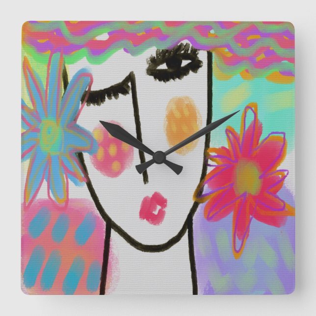 Woman with Flowers Funky Abstract Art Large Clock (Front)