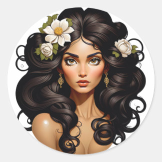 Woman with flowers in her hair. classic round sticker