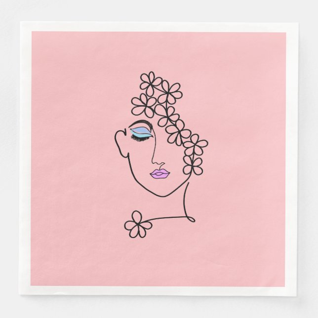 Woman With Flowers Line Art Pink Napkin (Front)