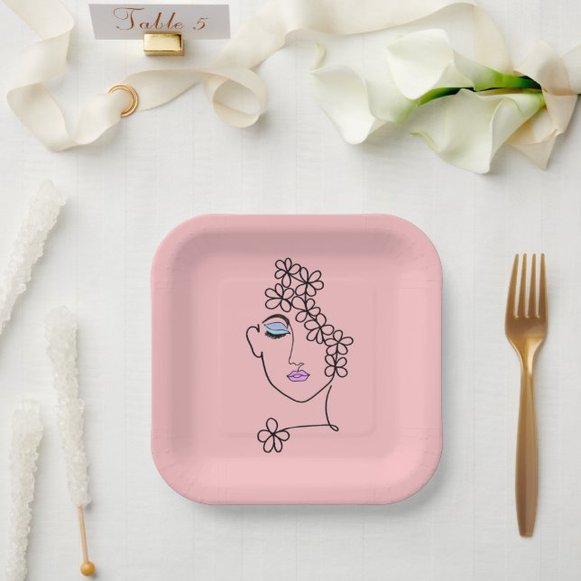 Woman With Flowers Line Art Pink Paper Plate (Wedding)