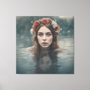 Woman With Flowers on her Head Floating in a Pond Canvas Print