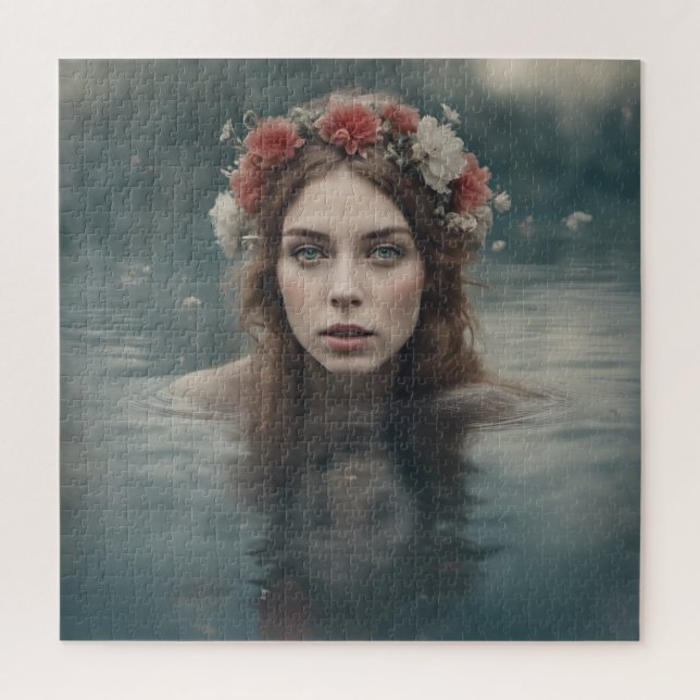 Woman With Flowers on her Head Floating in a Pond Jigsaw Puzzle (Vertical)