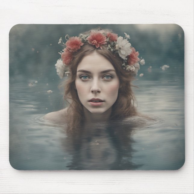 Woman With Flowers on her Head Floating in a Pond Mouse Mat (Front)