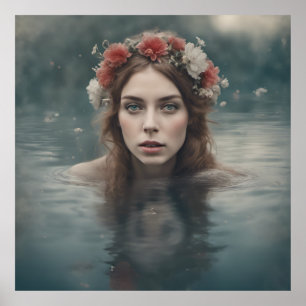 Woman With Flowers on her Head Floating in a Pond Poster