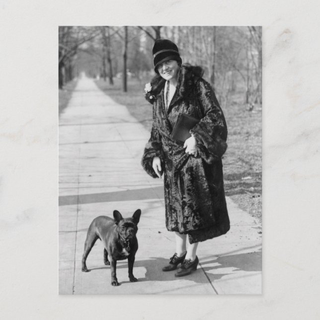 Woman with French Bulldog, 1920s Postcard (Front)